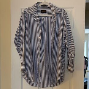 Vintage Chaps Ralph Lauren Men’s Navy and White Vertical Stripe Dress Shirt
